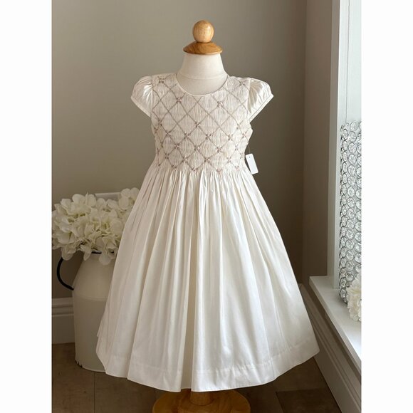 Ivory Smocked Silk Dress Flower Girl Special Occasion Luli & Me Boutique Size 4 - Picture 1 of 5